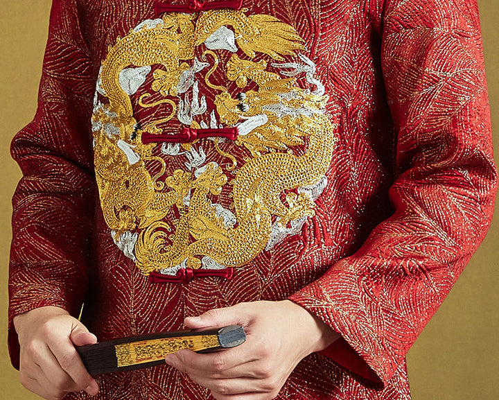 Red Embroidered Dragon Chinese Men's Wedding Jacket