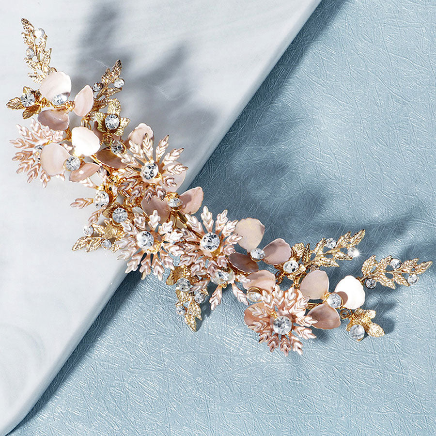 Gold Pink Rhinestone Flower Bride Wedding Hair Clip