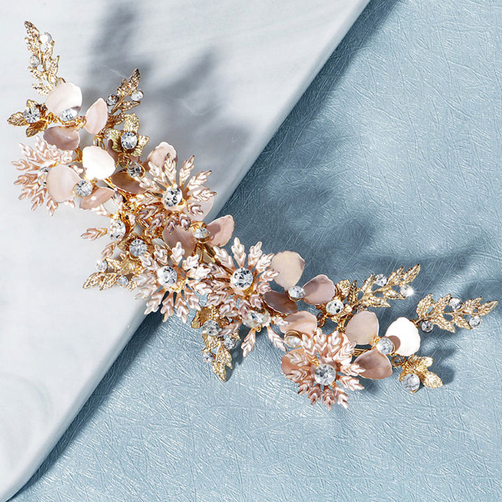 Gold Pink Rhinestone Flower Bride Wedding Hair Clip