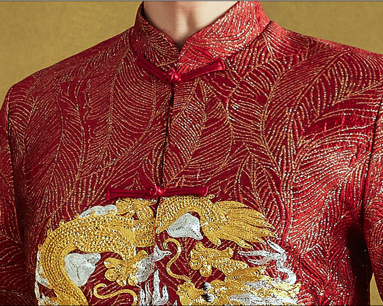Red Embroidered Dragon Chinese Men's Wedding Jacket
