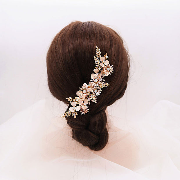 Gold Pink Rhinestone Flower Bride Wedding Hair Clip