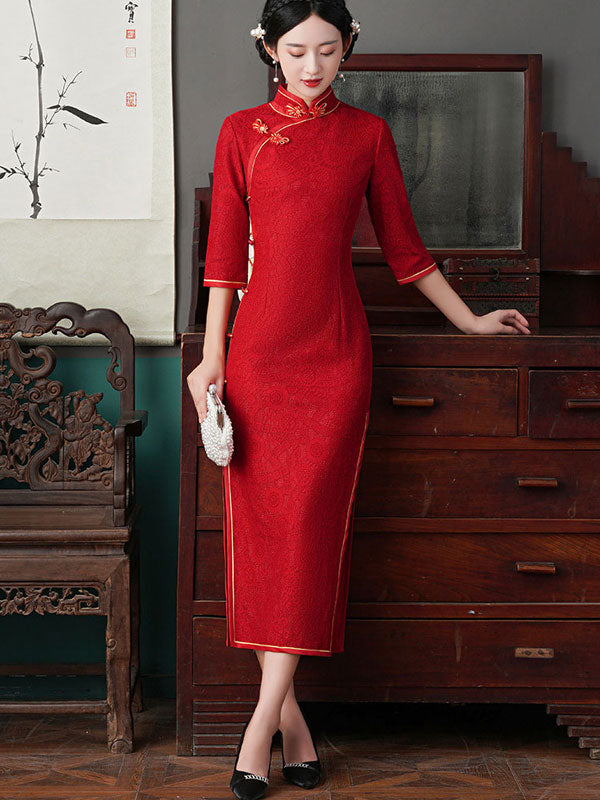 Black Red Lace Tea-Length Cheongsam Qi Pao Dress