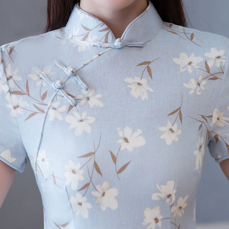 Blue Floral Linen Qi Pao Cheongsam Dress