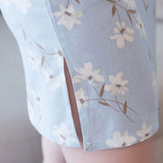 Blue Floral Linen Qi Pao Cheongsam Dress