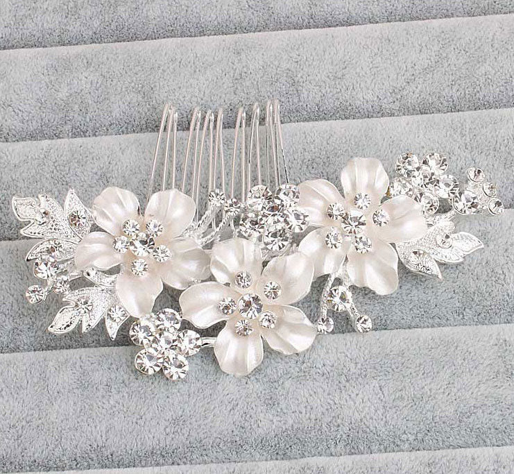 Gold Silver Rhinestone Flower Bride Hair Comb