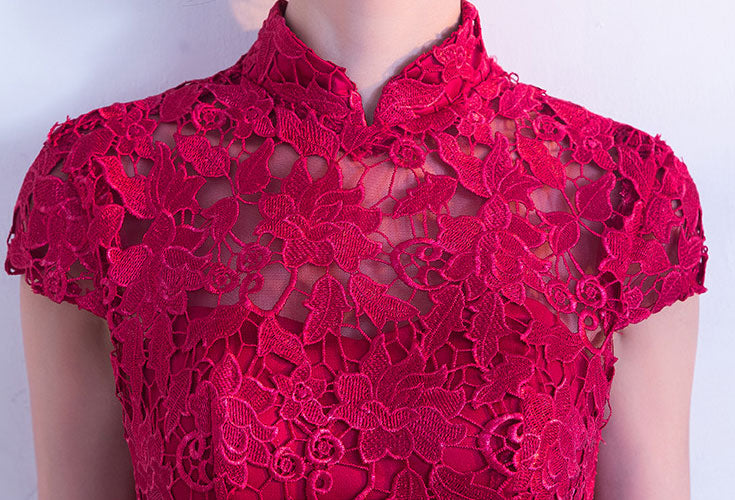 Red Lace Fit & Flare Cheongsam Qi Pao Prom Dress