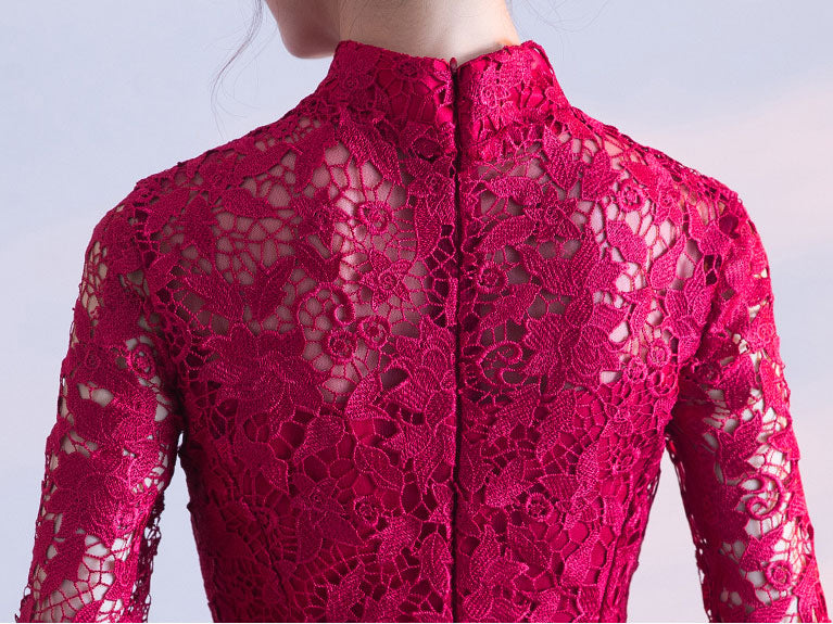 Wine Red Floor Length Tulle Qipao / Cheongsam Wedding Dress