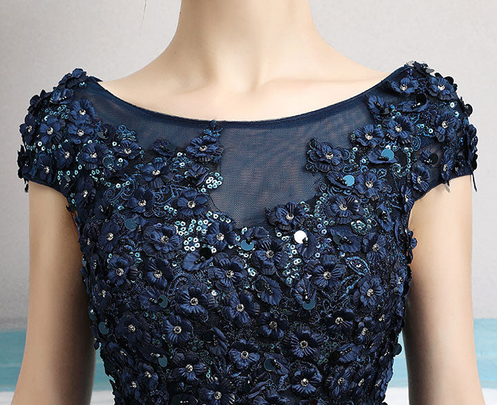 Blue Pink Appliques A-Line Tulle Cut-out Back Prom Dress