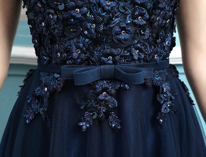 Blue Pink Appliques A-Line Tulle Cut-out Back Prom Dress
