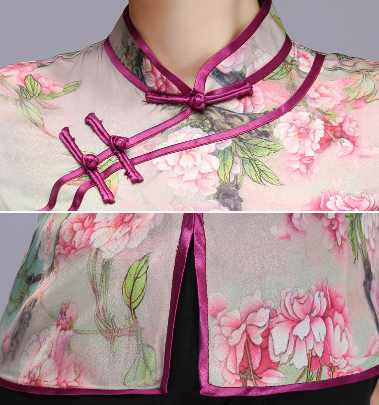 Pink Floral Qi Pao Cheongsam Blouse Top