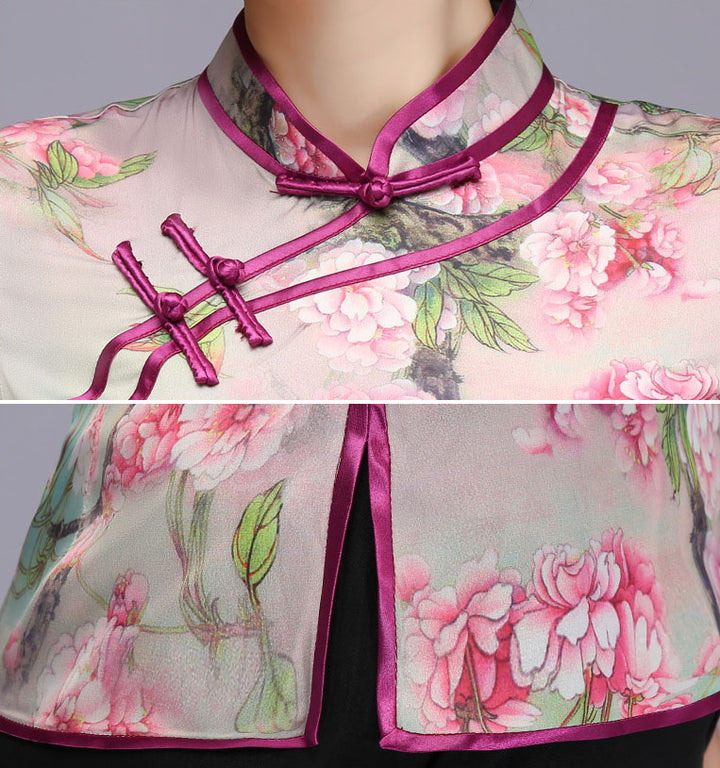 Pink Floral Qi Pao Cheongsam Blouse Top