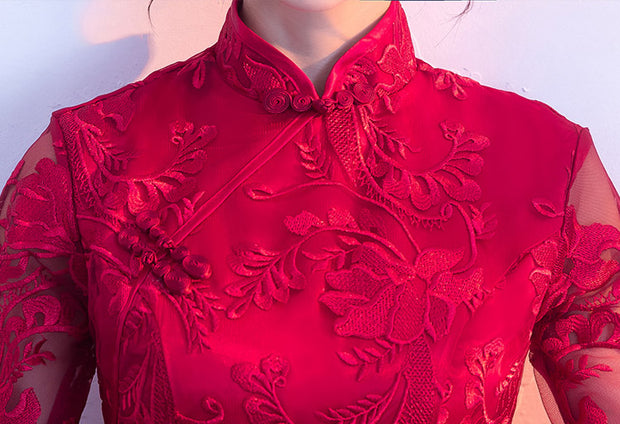Wine Red Lace Qipao / Cheongsam Wedding Dress