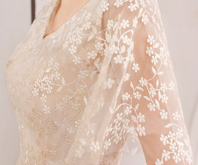 Beige Red Lace Fit & Flare Flutter Sleeve Mid Dress