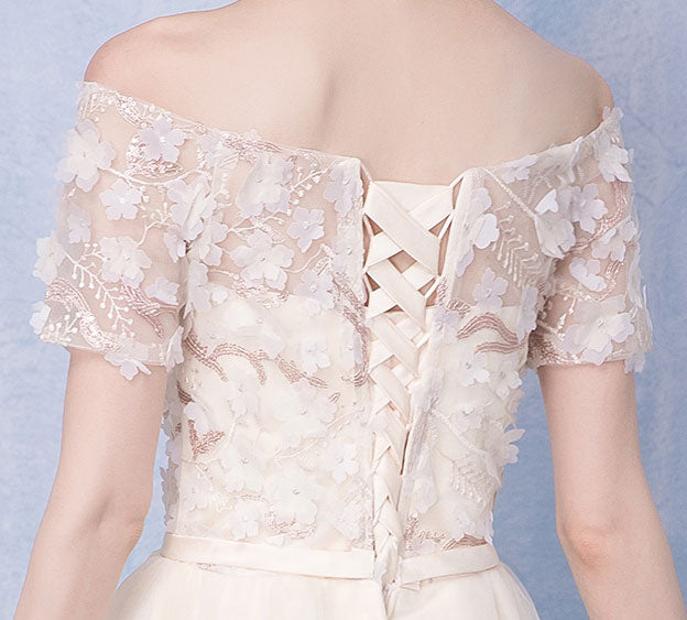 Beige Appliques High Low Off Shoulder Party Dress