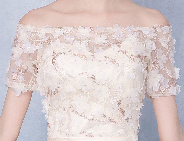 Beige Appliques High Low Off Shoulder Party Dress