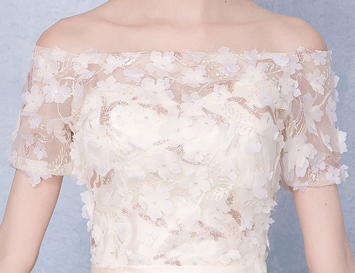 Beige Appliques High Low Off Shoulder Party Dress