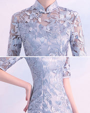 Gray Burgundy Floral Lace Fishtail Mid Cheongsam Qi Pao Dress