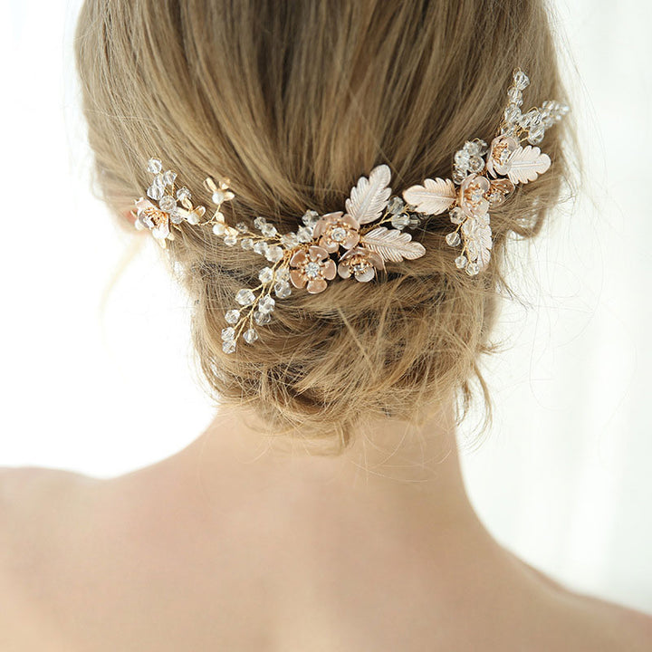 2 Pcs Crystal Leaf Flower Wedding Bride Hair Comb Clip