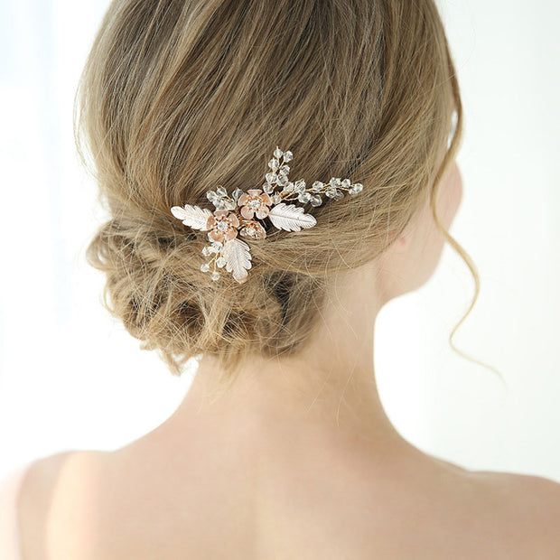 2 Pcs Crystal Leaf Flower Wedding Bride Hair Comb Clip