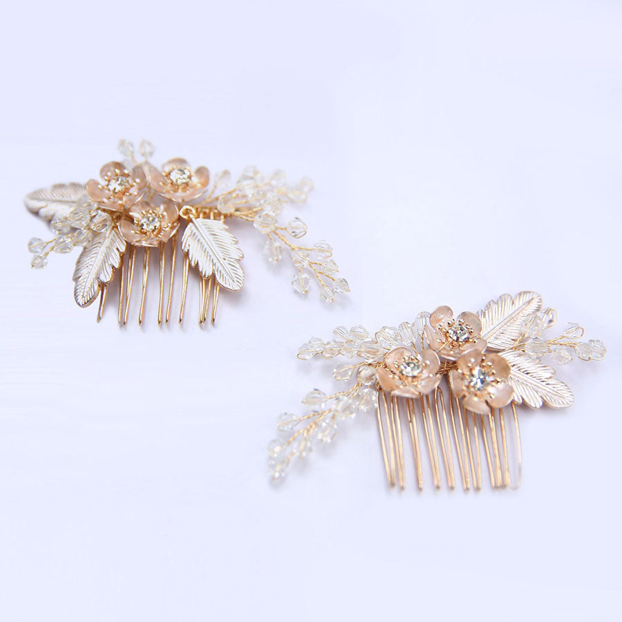 2 Pcs Crystal Leaf Flower Wedding Bride Hair Comb Clip