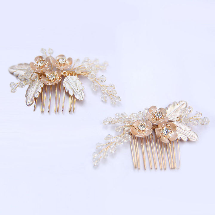 2 Pcs Crystal Leaf Flower Wedding Bride Hair Comb Clip