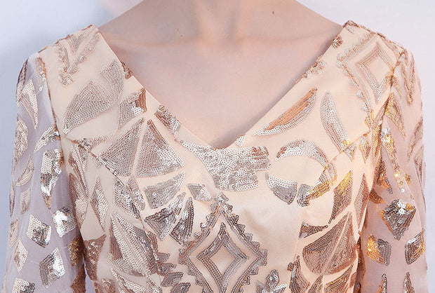 Gold Sequined A-Line Full Length V-neck Prom Dress