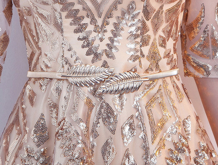 Gold Sequined A-Line Full Length V-neck Prom Dress