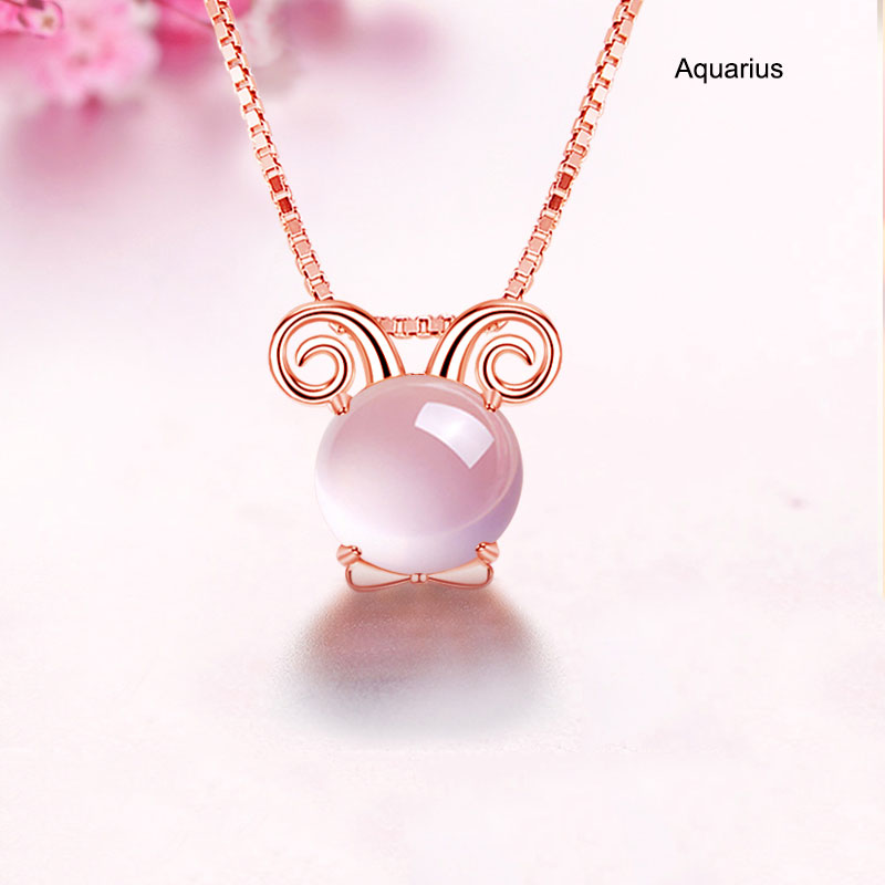 12 Constellation Zodiac Silver Pink Crystal Pendant Necklace