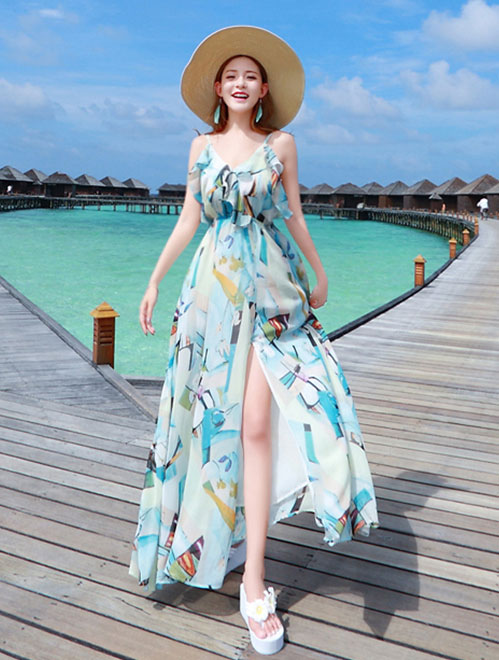 Blue Floral Frill Maxi Beach Dress with Thigh Split - IMALLURE S Blue Floral Frill Maxi Beach Dress with Thigh Split - IMALLURE S