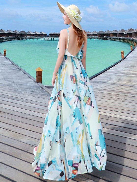 Blue Floral Frill Maxi Beach Dress with Thigh Split