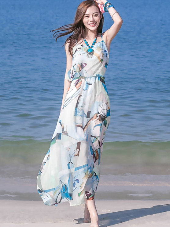 Blue Printed Tea Slip Beach Dress