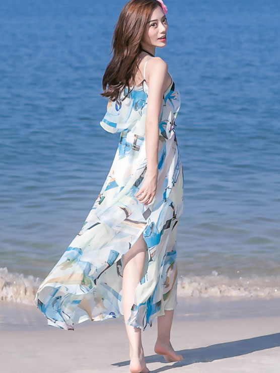 Blue Printed Tea Slip Beach Dress