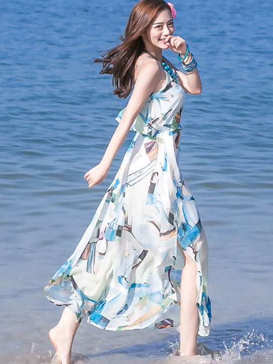 Blue Printed Tea Slip Beach Dress