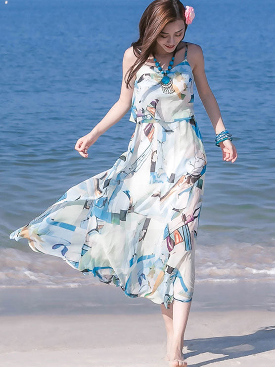 Blue Printed Tea Slip Beach Dress