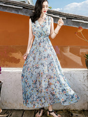 Blue Floral Print Wrap Front Maxi Beach Dress