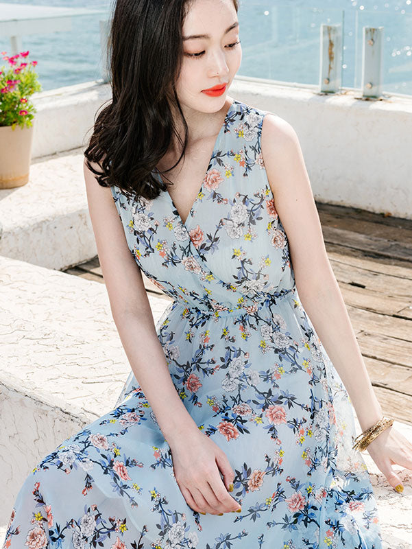 Blue Floral Print Wrap Front Maxi Beach Dress