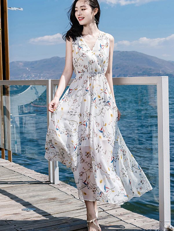 White Floral Print Wrap Front Maxi Beach Dress