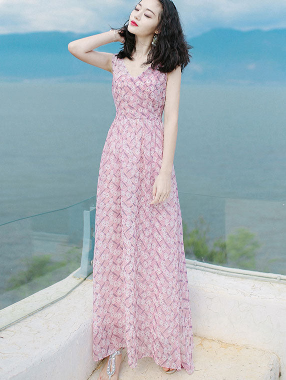 Pink Floral Print Maxi Beach Dress
