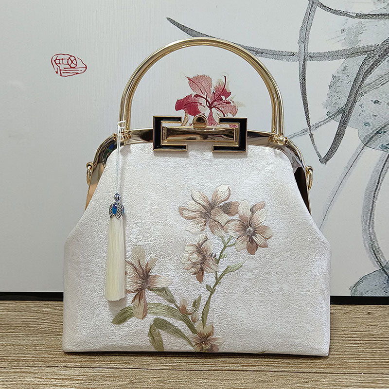 Vintage Handmade Embroidered Chain Handle Clutch Handbag