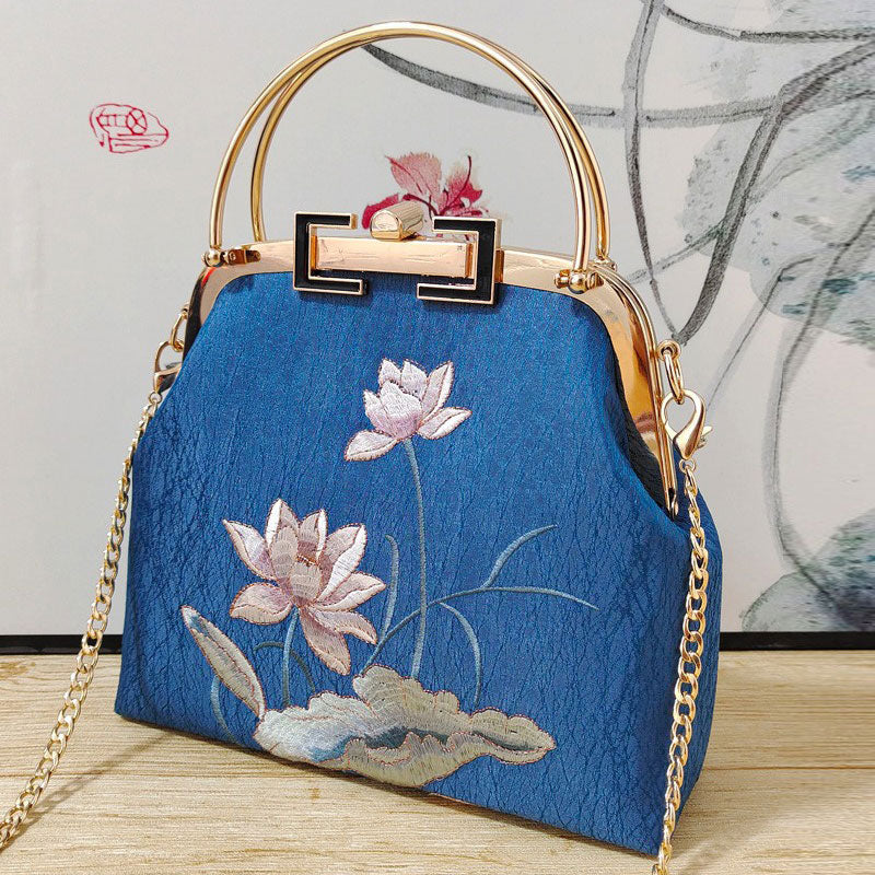 Vintage Handmade Embroidered Chain Handle Clutch Handbag