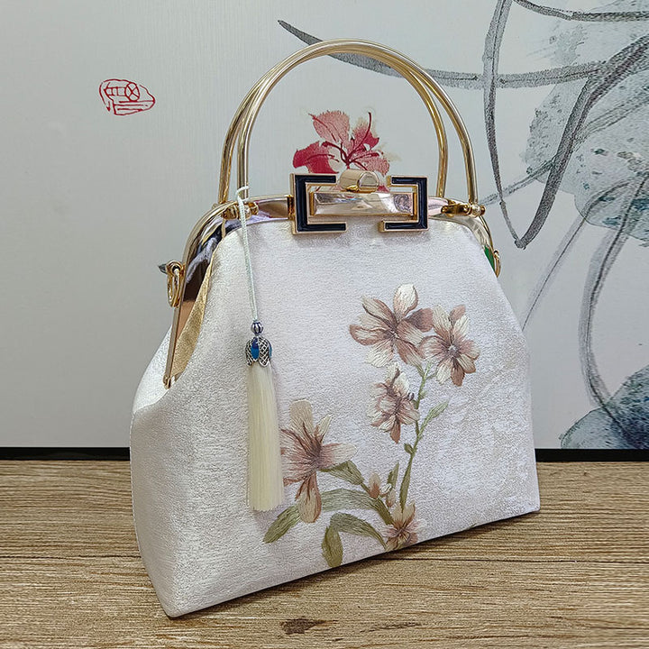Vintage Handmade Embroidered Chain Handle Clutch Handbag