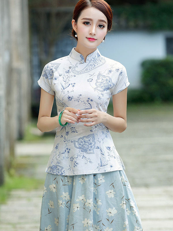 White Beige Floral Qipao Cheongsam T-Shirt