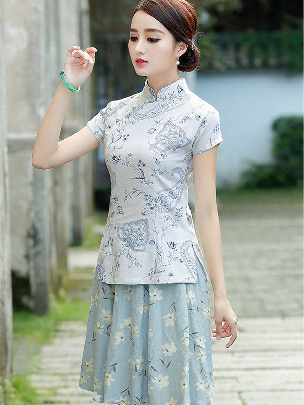 White Beige Floral Qipao Cheongsam T-Shirt