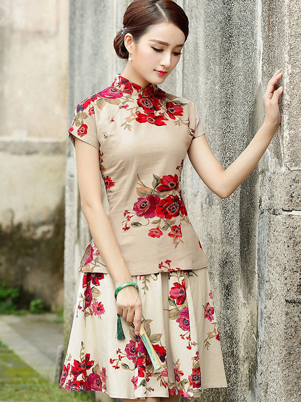 White Beige Floral Qipao Cheongsam T-Shirt