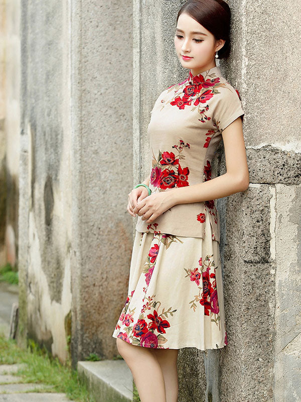 White Beige Floral Qipao Cheongsam T-Shirt