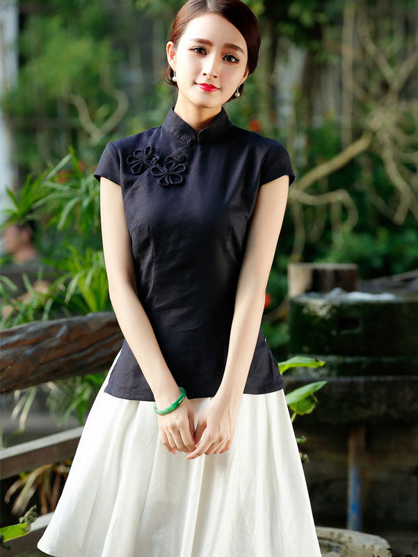 Blue Beige Linen Qipao / Cheongsam T-Shirt Top