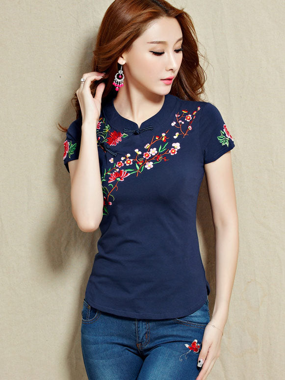 Embroidered Round Neck Cheongsam T-Shirt