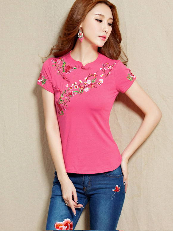 Embroidered Round Neck Cheongsam T-Shirt