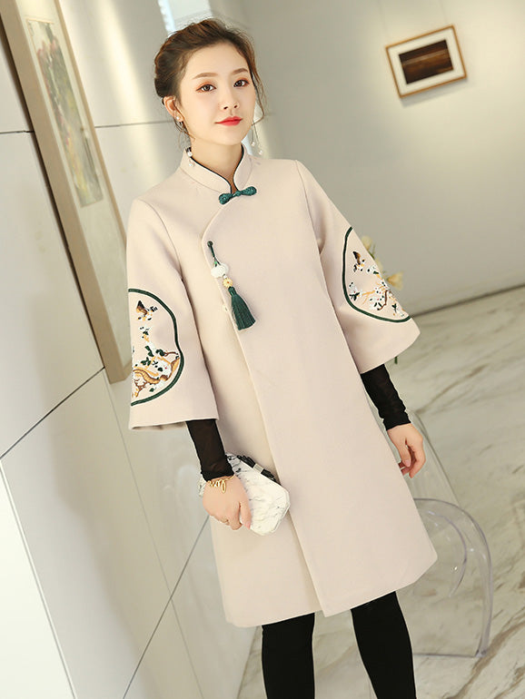 Beige Embroidered Wool Blend Women Cheongsam Tang Coat