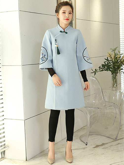 Blue Embroidered Wool Blend Women Cheongsam Tang Coat
